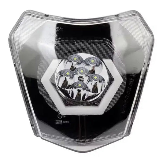 LED Headlight Mask for KTM EXC / SX / XC – 6-LED with Hexagon Light Ring, Carbon Look